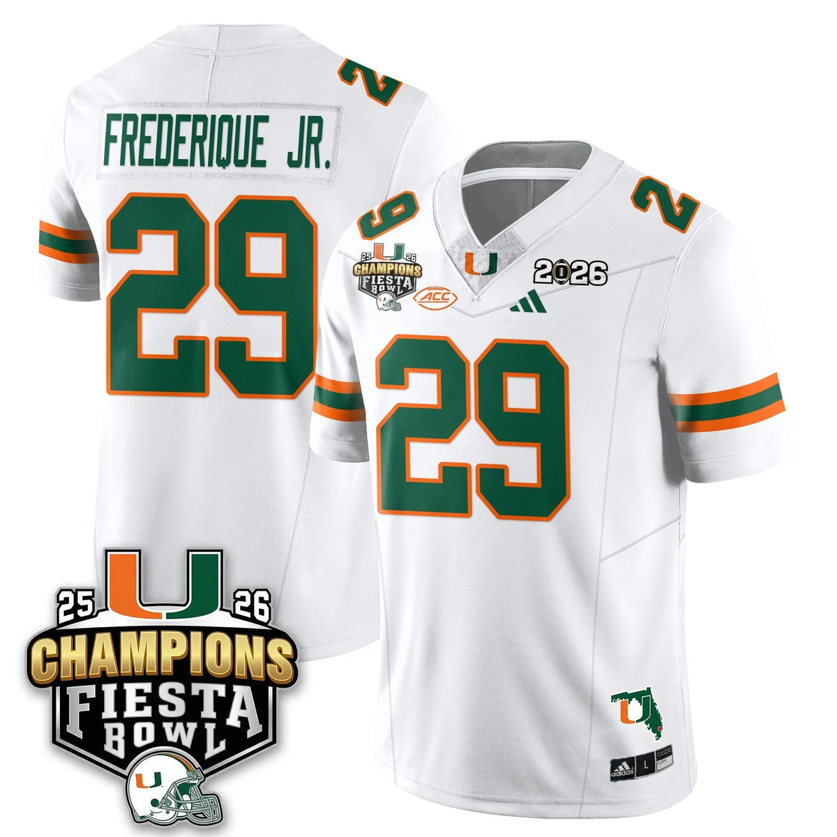 Personalized MIA Football Vapor Limited Jersey V3 - Fiesta Bowl Champions - White / OJ Frederique Jr. - 29 Stitched