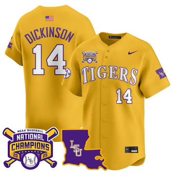 Personalized LSU 2026 College World Series Champions Limited Jersey - Stitched - Gold / Daniel Dickinson Stitched