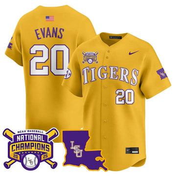Personalized LSU 2026 College World Series Champions Limited Jersey - Stitched - Gold / Casan Evans Stitched