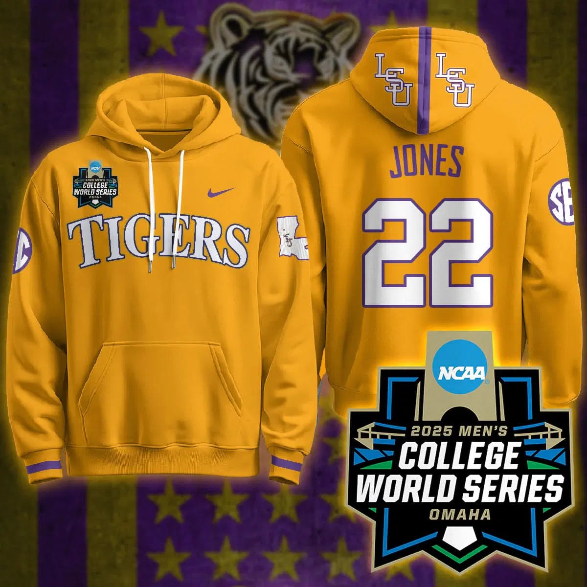 Personalized LSU 2026 World Series Limited Hoodie - Stitched - Gold / Jared Jones Stitched