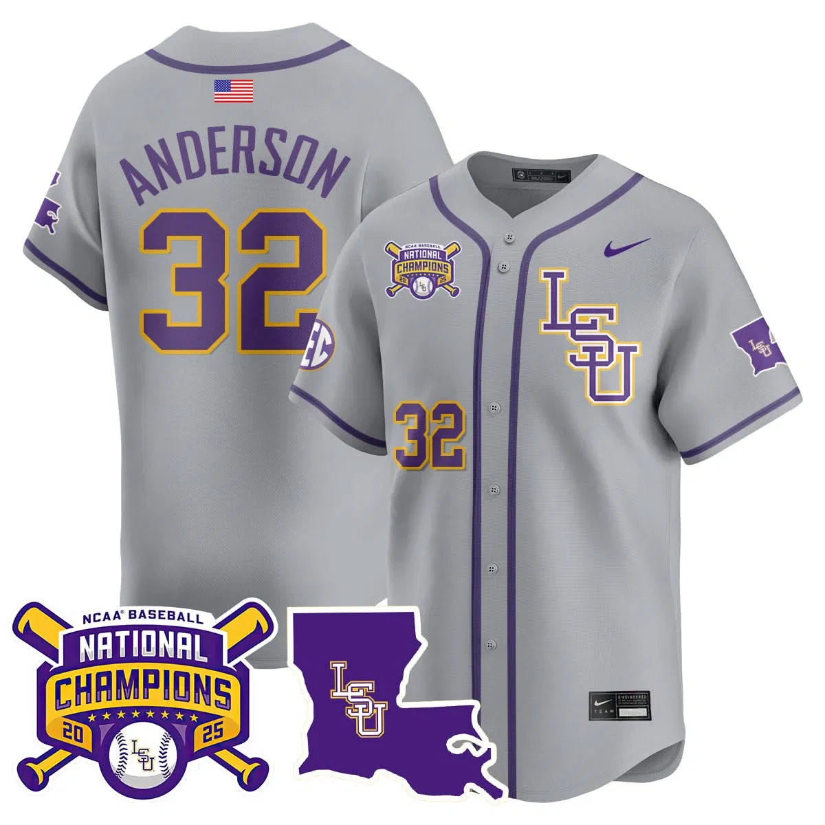 Personalized LSU 2026 College World Series Champions Limited Jersey - Stitched - Gray / Kade Anderson Stitched