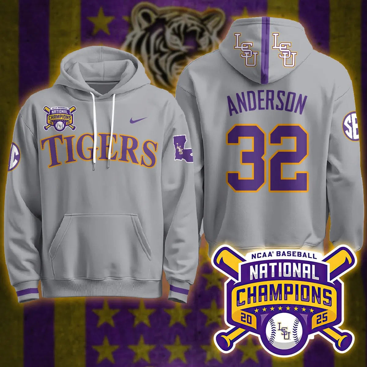 Personalized LSU 2026 World Series Champions Limited Hoodie - Stitched - Gray / Kade Anderson Stitched