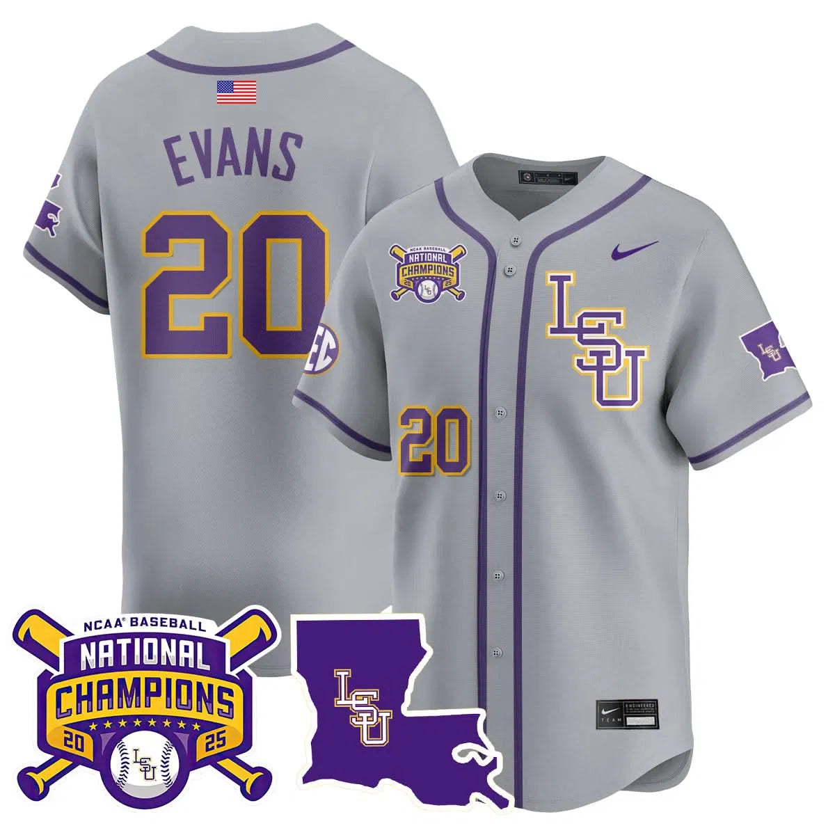Personalized LSU 2026 College World Series Champions Limited Jersey - Stitched - Gray / Casan Evans Stitched