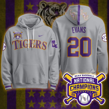 Personalized LSU 2026 World Series Champions Limited Hoodie - Stitched - Gray / Casan Evans Stitched