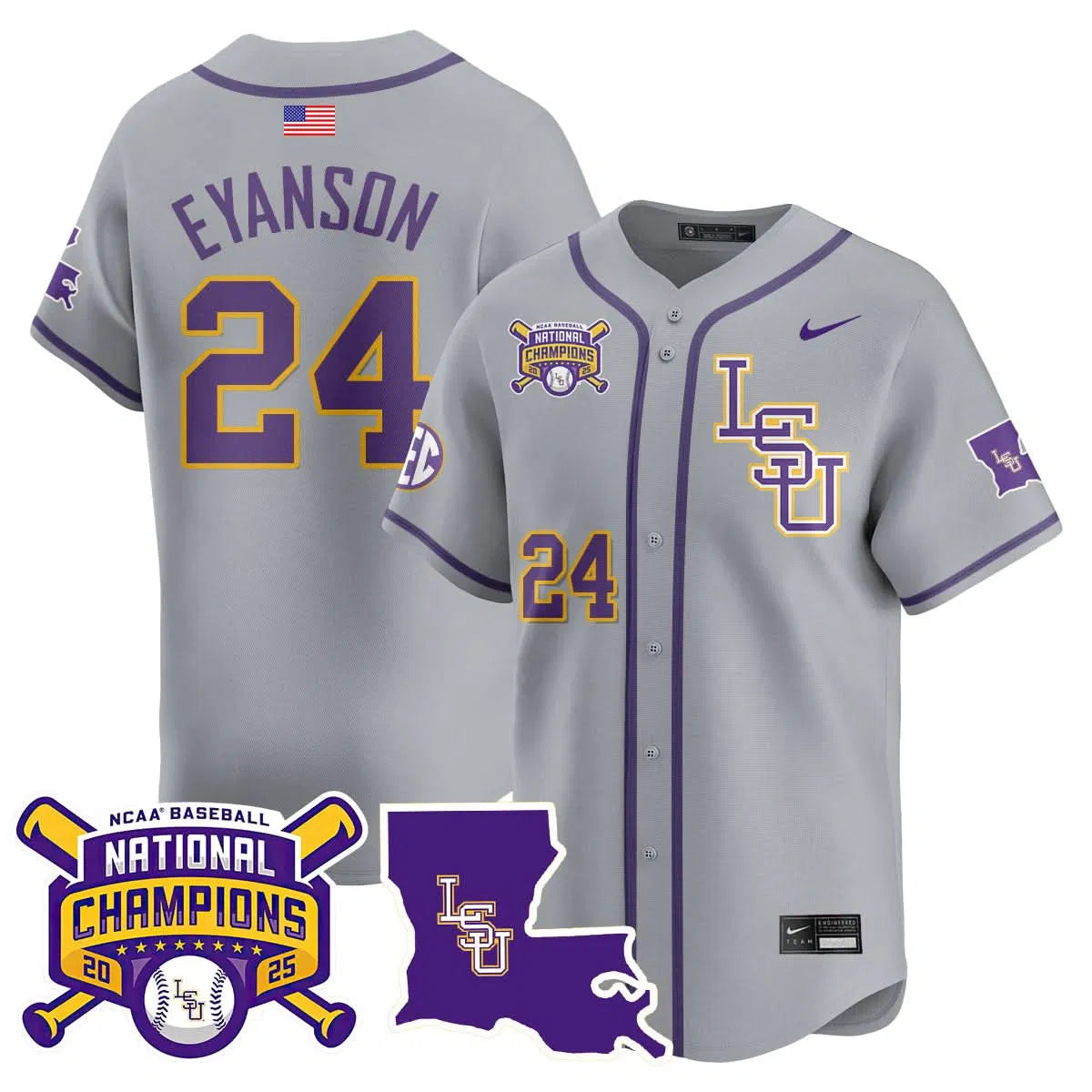 Personalized LSU 2026 College World Series Champions Limited Jersey - Stitched - Gray / Anthony Eyanson Stitched