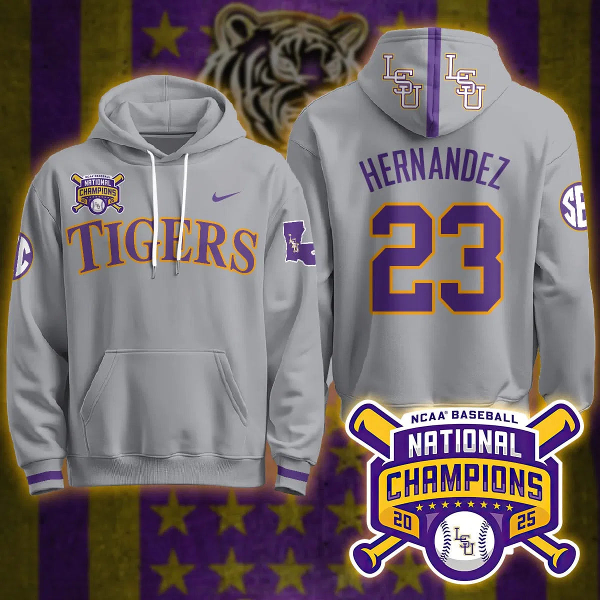 Personalized LSU 2026 World Series Champions Limited Hoodie - Stitched - Gray / Luis Hernandez Stitched