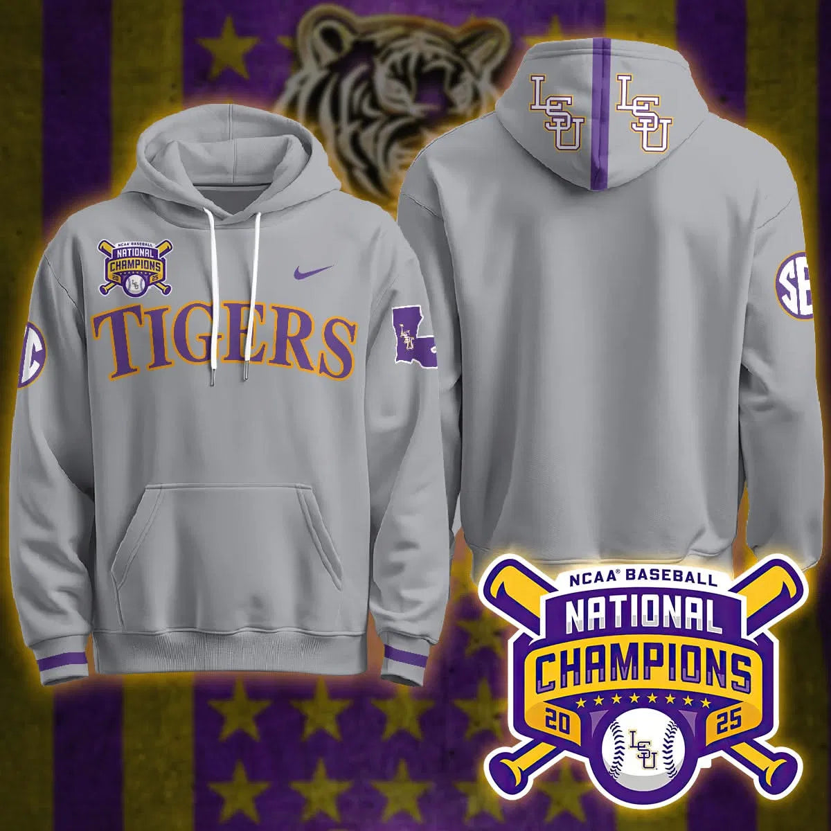 Personalized LSU 2026 World Series Champions Limited Hoodie - Stitched - Gray / Team Stitched