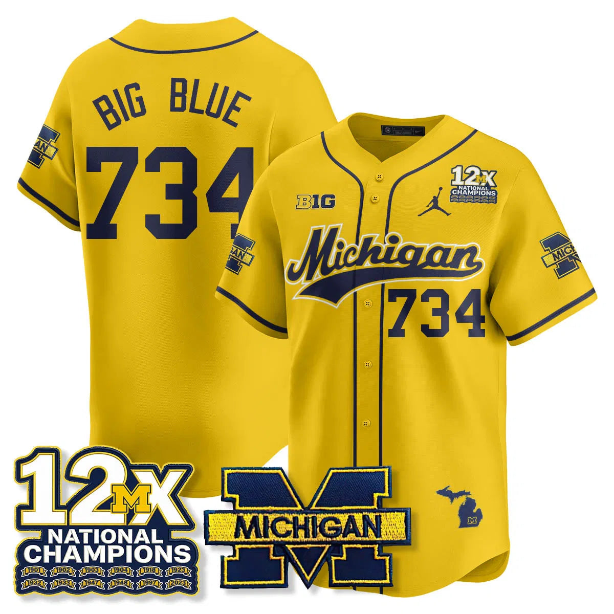 Personalized MICH 12x-Time National Champions Baseball Limited Jersey - Stitched - Maize / Big Blue - 734 Stitched