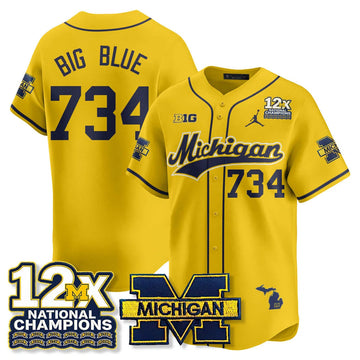 Personalized MICH 12x-Time National Champions Baseball Limited Jersey - Stitched - Maize / Big Blue - 734 Stitched