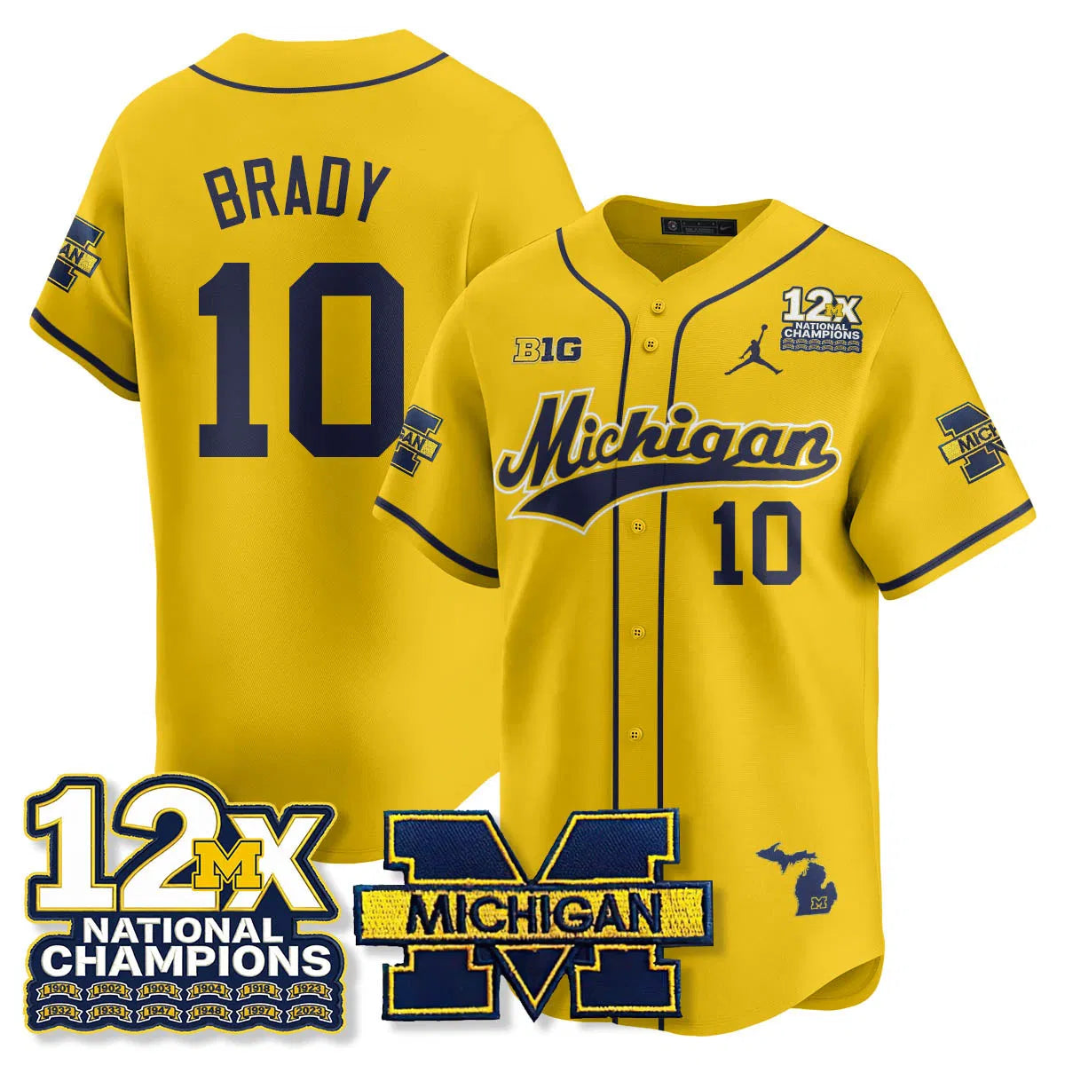 Personalized MICH 12x-Time National Champions Baseball Limited Jersey - Stitched - Maize / Tom Brady - 10 Stitched