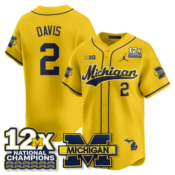 Personalized MICH 12x-Time National Champions Baseball Limited Jersey - Stitched - Maize / Jadyn Davis - 2 Stitched