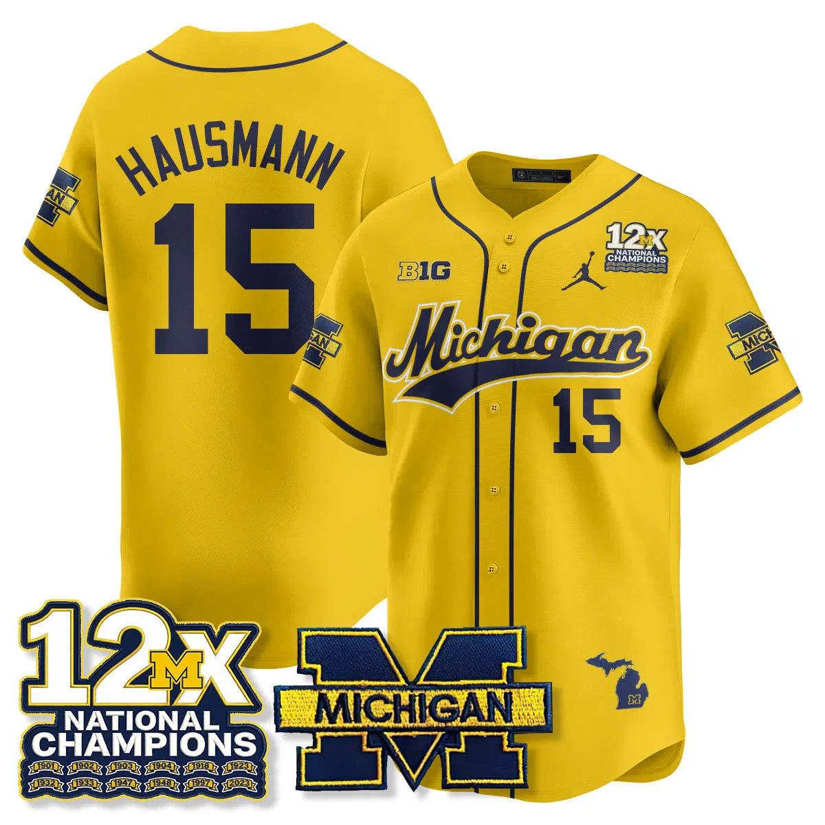 Personalized MICH 12x-Time National Champions Baseball Limited Jersey - Stitched - Maize / Ernest Hausmann - 15 Stitched