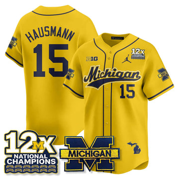 Personalized MICH 12x-Time National Champions Baseball Limited Jersey - Stitched - Maize / Ernest Hausmann - 15 Stitched