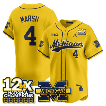 Personalized MICH 12x-Time National Champions Baseball Limited Jersey - Stitched - Maize / Andrew Marsh - 4 Stitched