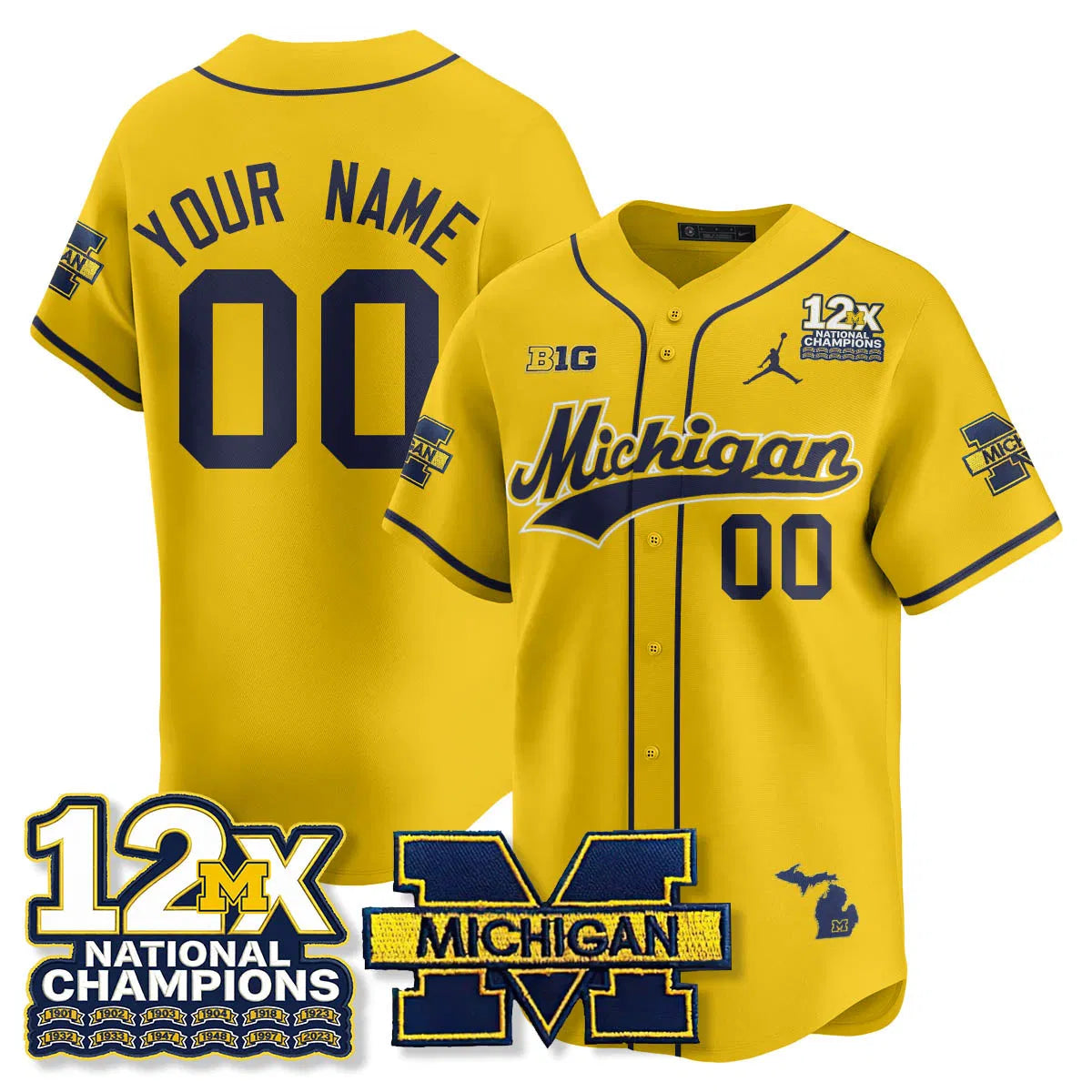 Personalized Custom MICH 12x-Time National Champions Baseball Limited Jersey - Stitched - Maize Stitched