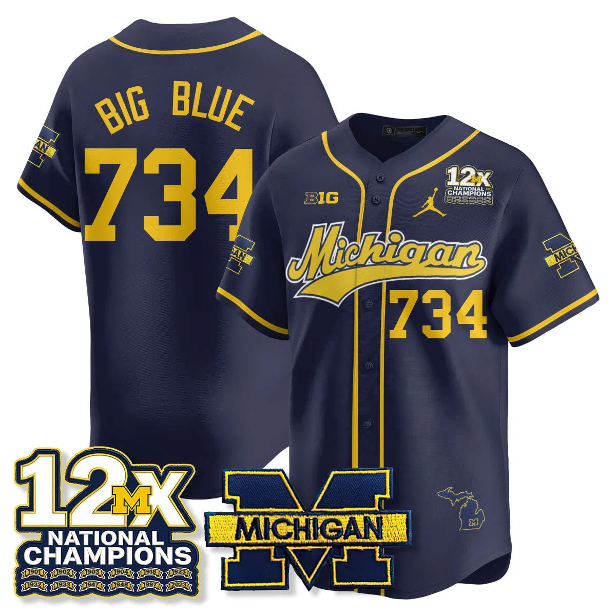 Personalized MICH 12x-Time National Champions Baseball Limited Jersey - Stitched - Navy / Big Blue - 734 Stitched