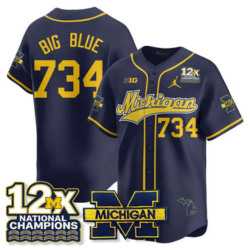 Personalized MICH 12x-Time National Champions Baseball Limited Jersey - Stitched - Navy / Big Blue - 734 Stitched