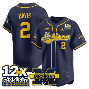 Personalized MICH 12x-Time National Champions Baseball Limited Jersey - Stitched - Navy / Jadyn Davis - 2 Stitched