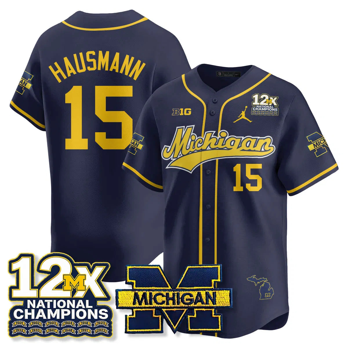 Personalized MICH 12x-Time National Champions Baseball Limited Jersey - Stitched - Navy / Ernest Hausmann - 15 Stitched