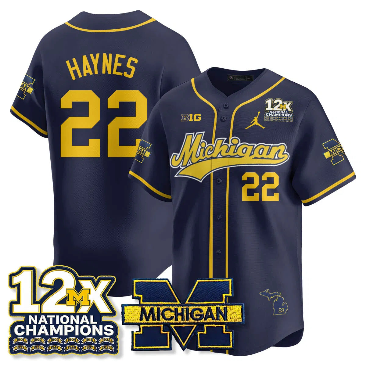 Personalized MICH 12x-Time National Champions Baseball Limited Jersey - Stitched - Navy / Justice Haynes - 22 Stitched