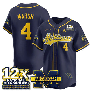Personalized MICH 12x-Time National Champions Baseball Limited Jersey - Stitched - Navy / Andrew Marsh - 4 Stitched