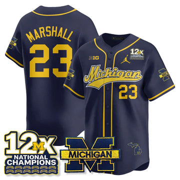 Personalized MICH 12x-Time National Champions Baseball Limited Jersey - Stitched - Navy / Jordan Marshall - 23 Stitched