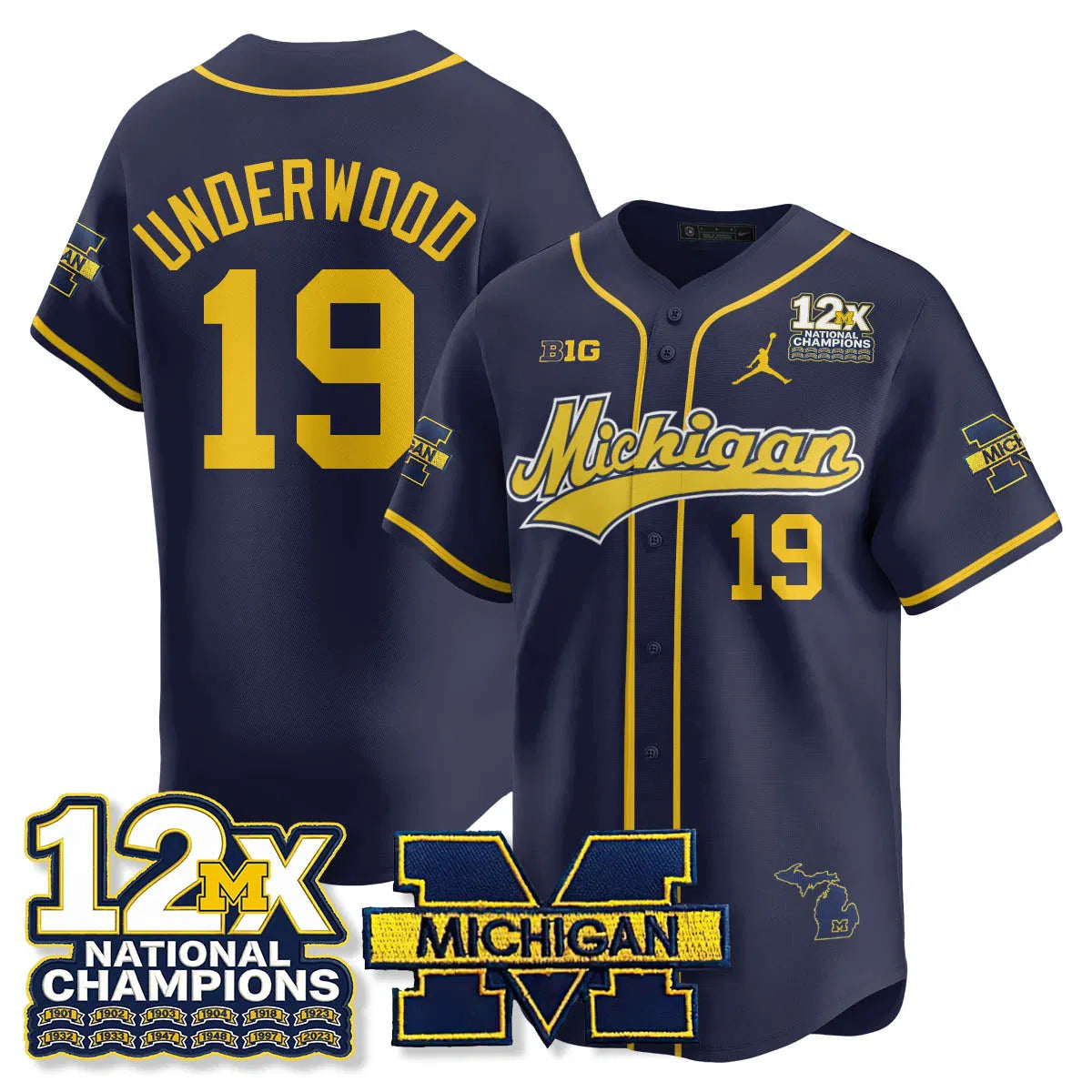 Personalized MICH 12x-Time National Champions Baseball Limited Jersey - Stitched - Navy / Bryce Underwood - 19 Stitched