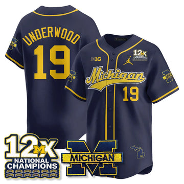 Personalized MICH 12x-Time National Champions Baseball Limited Jersey - Stitched - Navy / Bryce Underwood - 19 Stitched