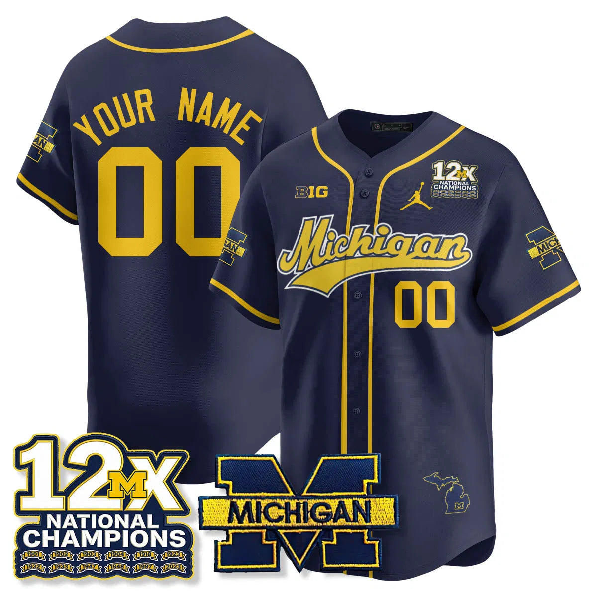 Personalized Custom MICH 12x-Time National Champions Baseball Limited Jersey - Stitched - Navy Stitched
