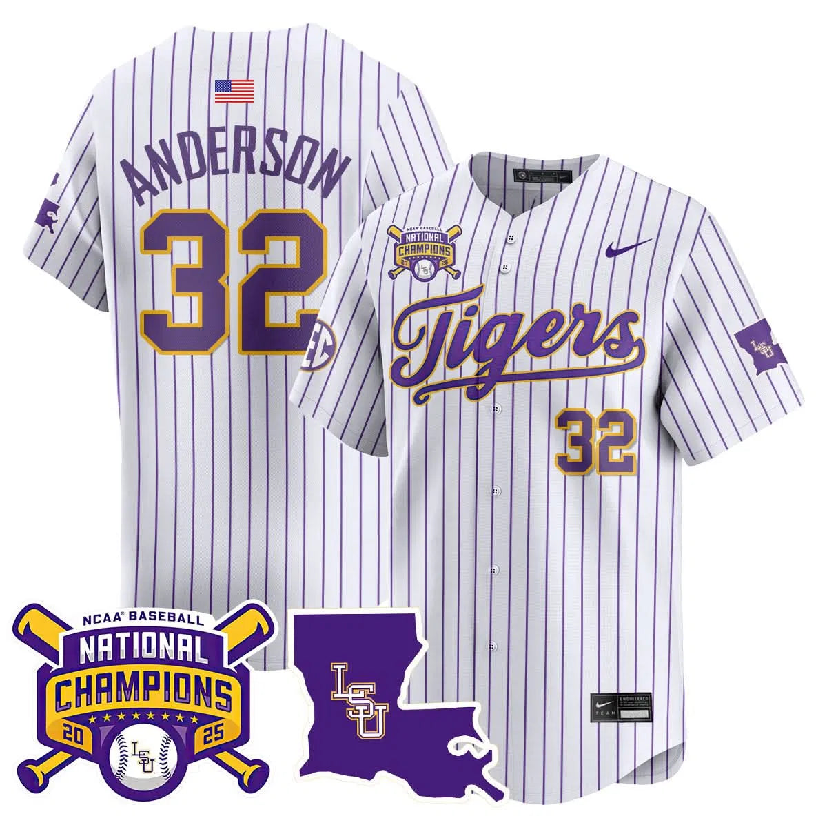 Personalized LSU 2026 College World Series Champions Limited Jersey - Stitched - Pinstripe / Kade Anderson Stitched