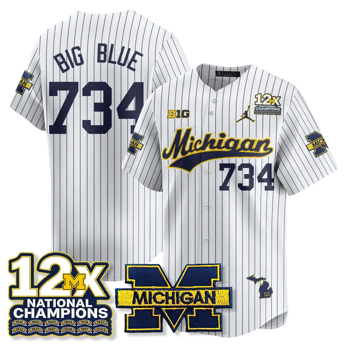 Personalized MICH 12x-Time National Champions Baseball Limited Jersey - Stitched - Pinstripe / Big Blue - 734 Stitched