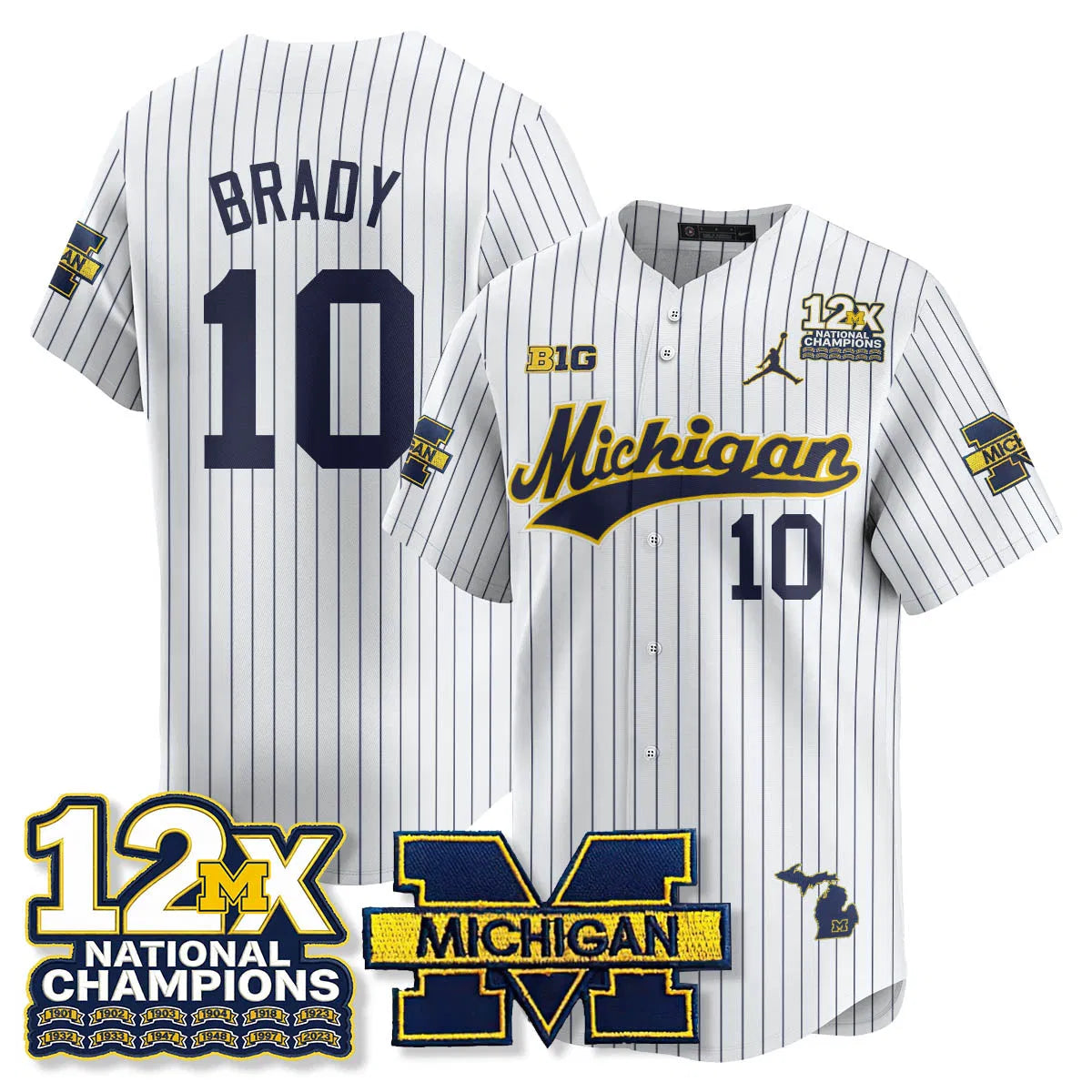 Personalized MICH 12x-Time National Champions Baseball Limited Jersey - Stitched - Pinstripe / Tom Brady - 10 Stitched