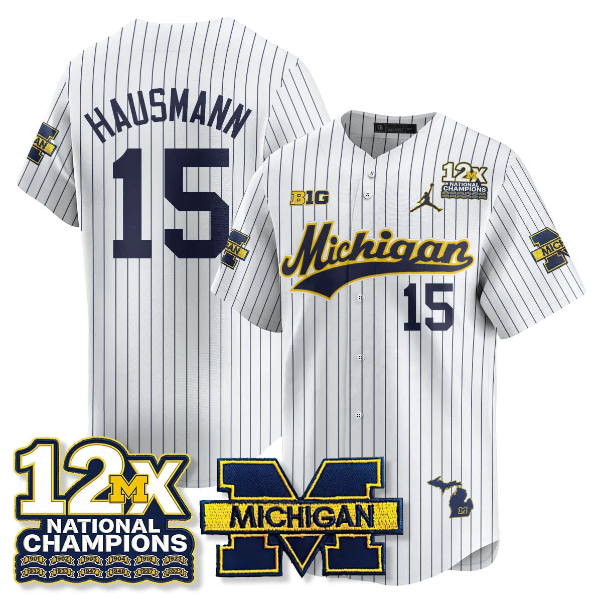 Personalized MICH 12x-Time National Champions Baseball Limited Jersey - Stitched - Pinstripe / Ernest Hausmann - 15 Stitched