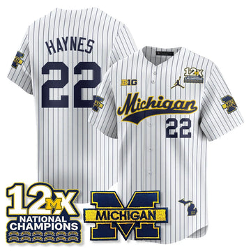 Personalized MICH 12x-Time National Champions Baseball Limited Jersey - Stitched - Pinstripe / Justice Haynes - 22 Stitched