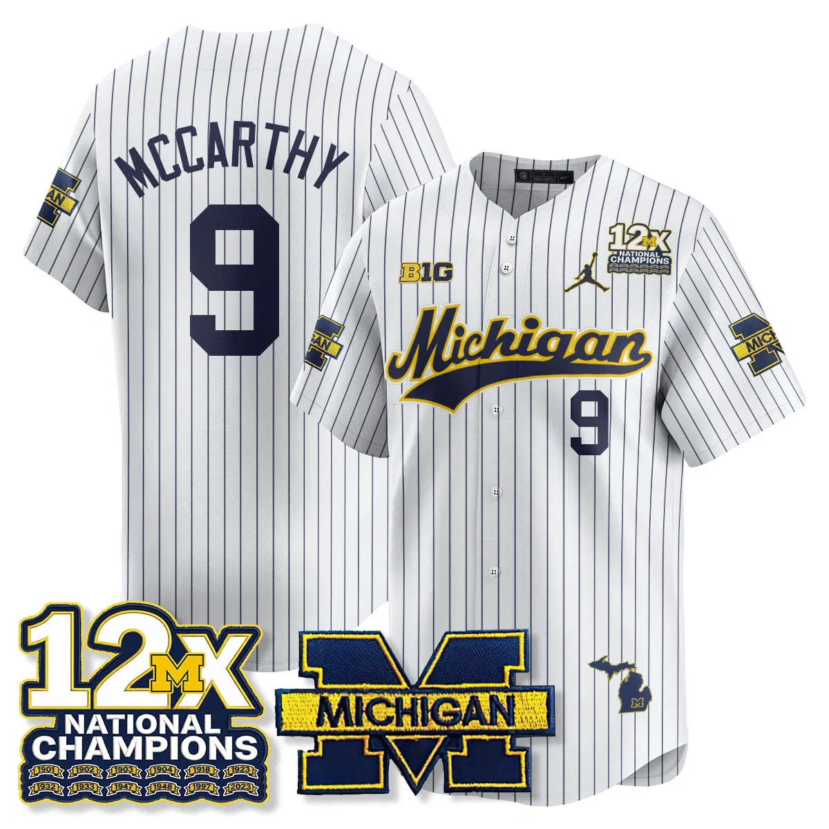 Personalized MICH 12x-Time National Champions Baseball Limited Jersey - Stitched - Pinstripe / J.J. McCarthy - 9 Stitched