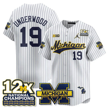 Personalized MICH 12x-Time National Champions Baseball Limited Jersey - Stitched - Pinstripe / Bryce Underwood - 19 Stitched
