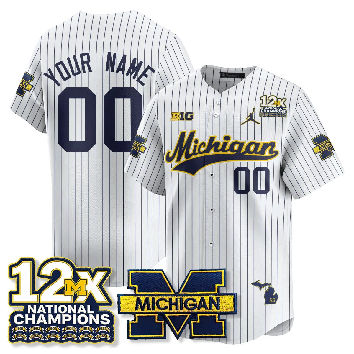 Personalized Custom MICH 12x-Time National Champions Baseball Limited Jersey - Stitched - Pinstripe Stitched