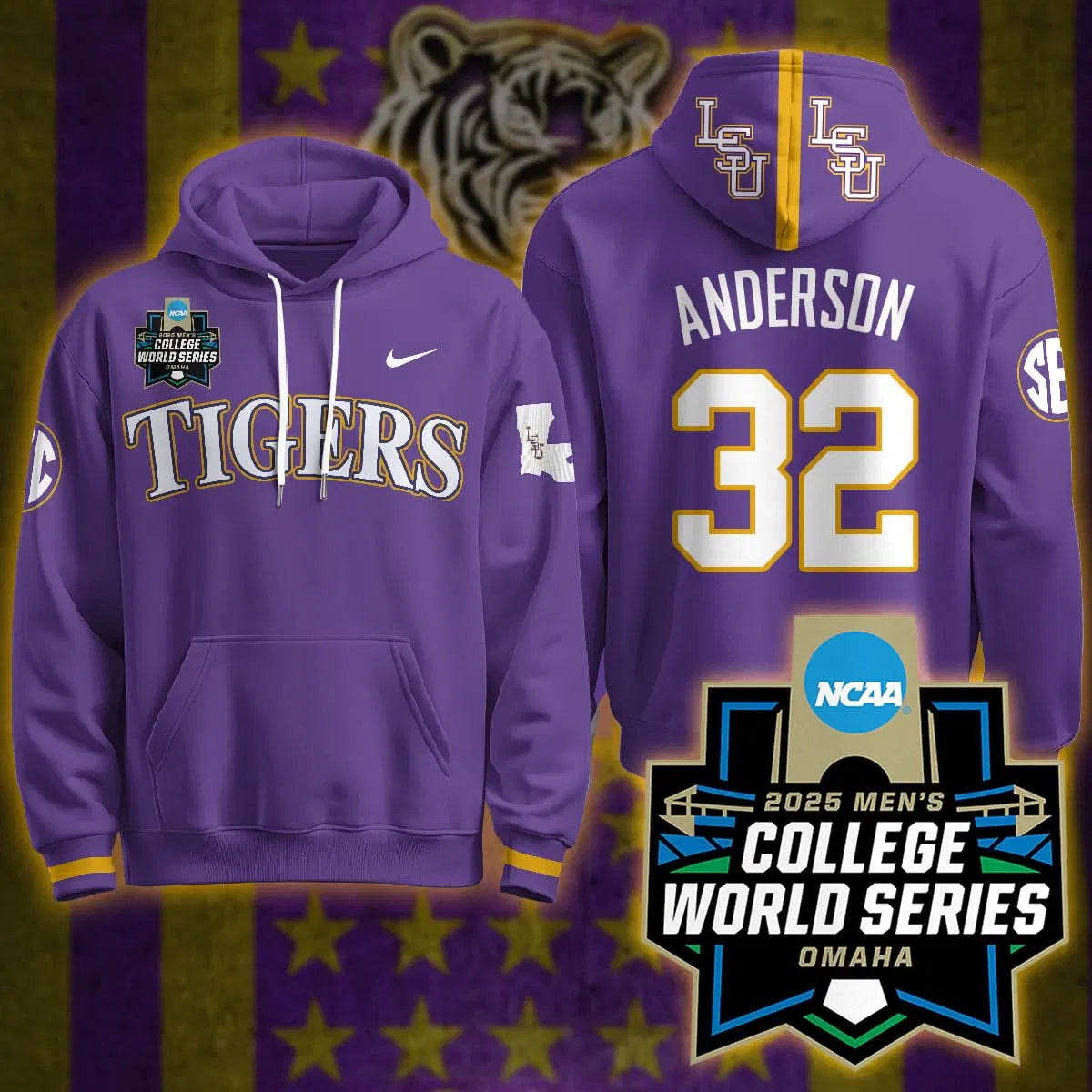 Personalized LSU 2026 World Series Limited Hoodie - Stitched - Purple / Kade Anderson Stitched