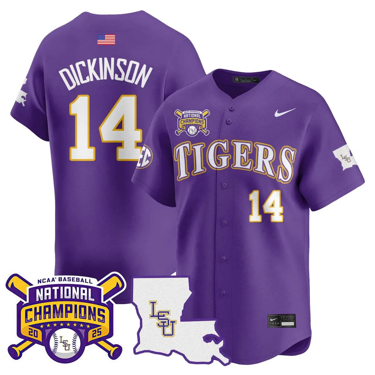 Personalized LSU 2026 College World Series Champions Limited Jersey - Stitched - Purple / Daniel Dickinson Stitched