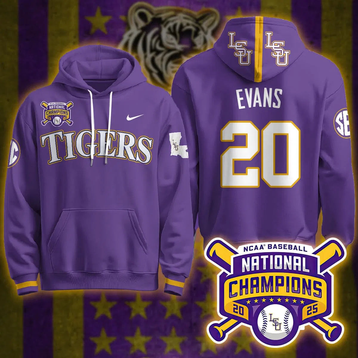 Personalized LSU 2026 World Series Champions Limited Hoodie - Stitched - Purple / Casan Evans Stitched