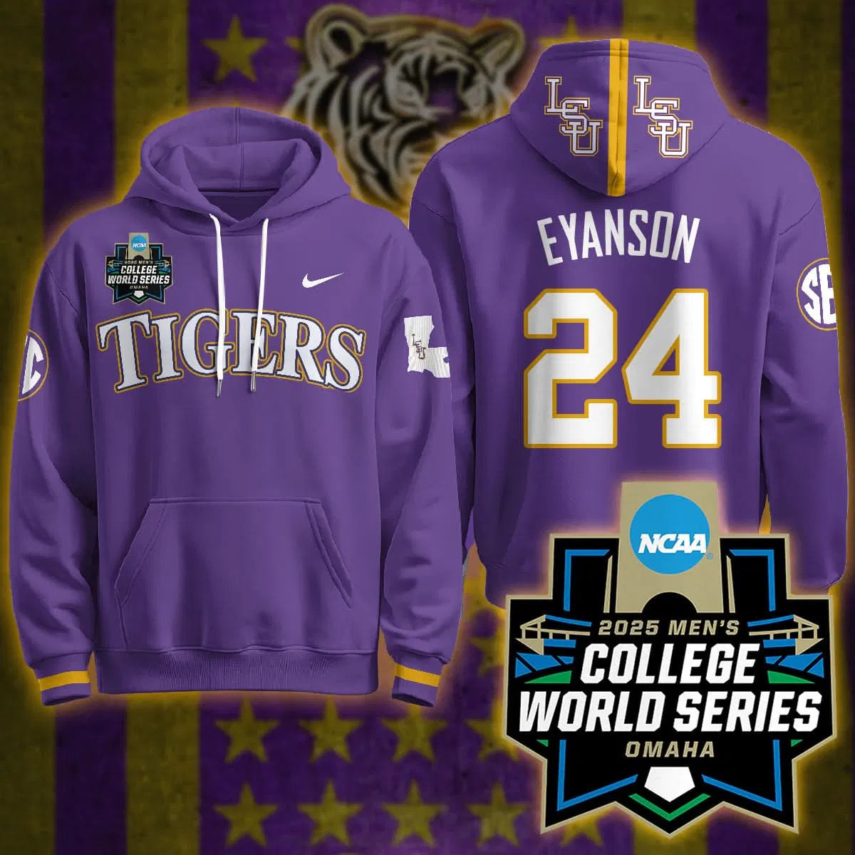 Personalized LSU 2026 World Series Limited Hoodie - Stitched - Purple / Anthony Eyanson Stitched