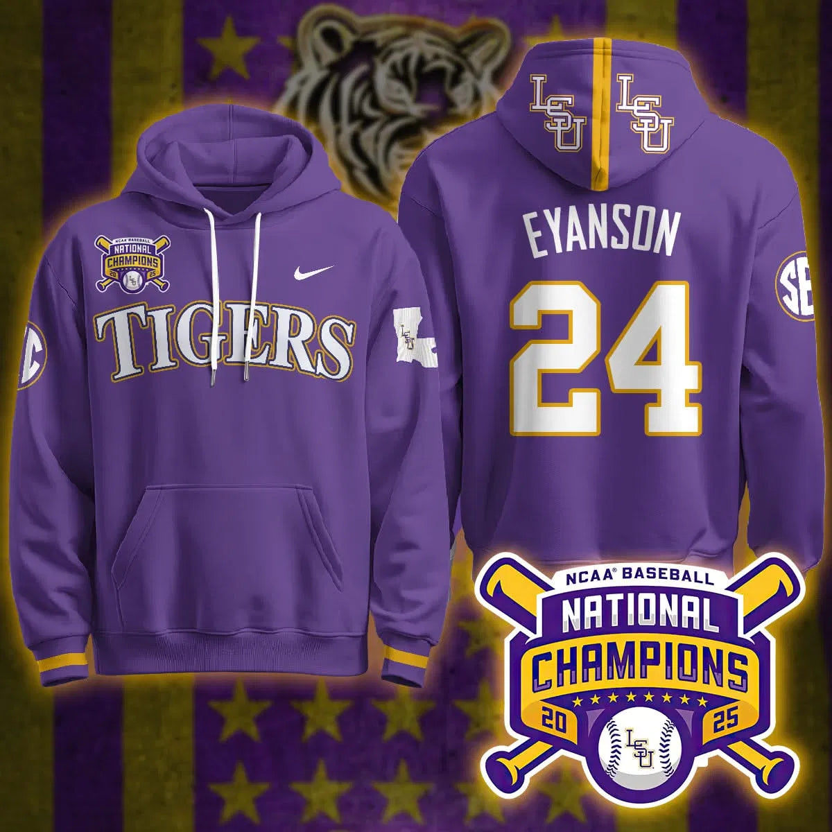 Personalized LSU 2026 World Series Champions Limited Hoodie - Stitched - Purple / Anthony Eyanson Stitched