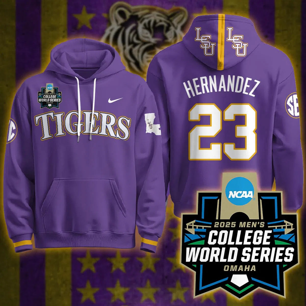 Personalized LSU 2026 World Series Limited Hoodie - Stitched - Purple / Luis Hernandez Stitched