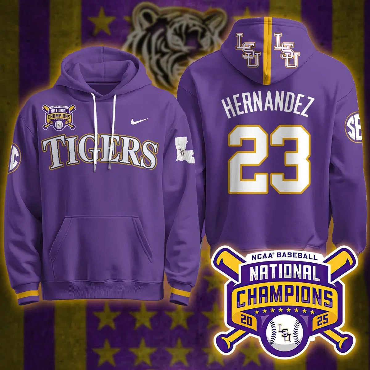 Personalized LSU 2026 World Series Champions Limited Hoodie - Stitched - Purple / Luis Hernandez Stitched