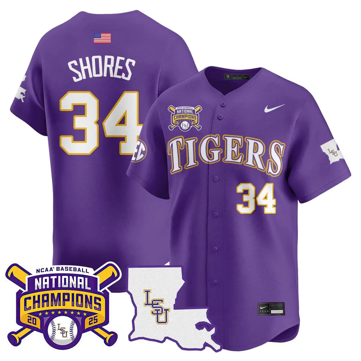 Personalized LSU 2026 College World Series Champions Limited Jersey - Stitched - Purple / Chase Shores Stitched