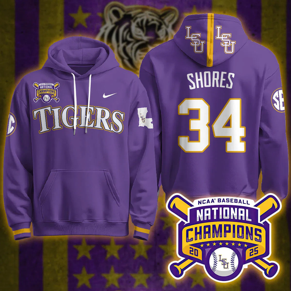 Personalized LSU 2026 World Series Champions Limited Hoodie - Stitched - Purple / Chase Shores Stitched