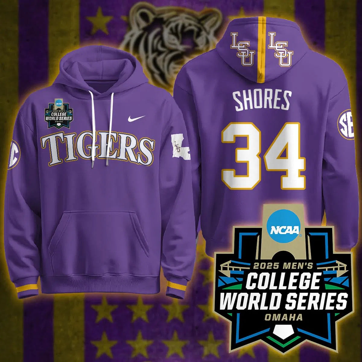 Personalized LSU 2026 World Series Limited Hoodie - Stitched - Purple / Chase Shores Stitched