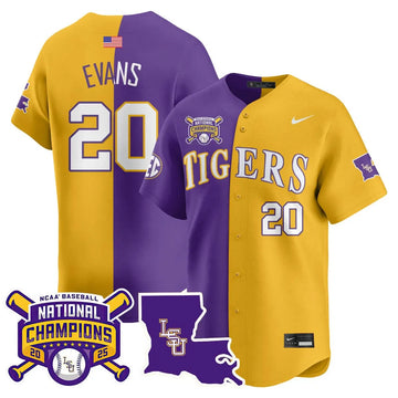 Personalized LSU 2026 College World Series Champions Limited Jersey - Stitched - Split / Casan Evans Stitched