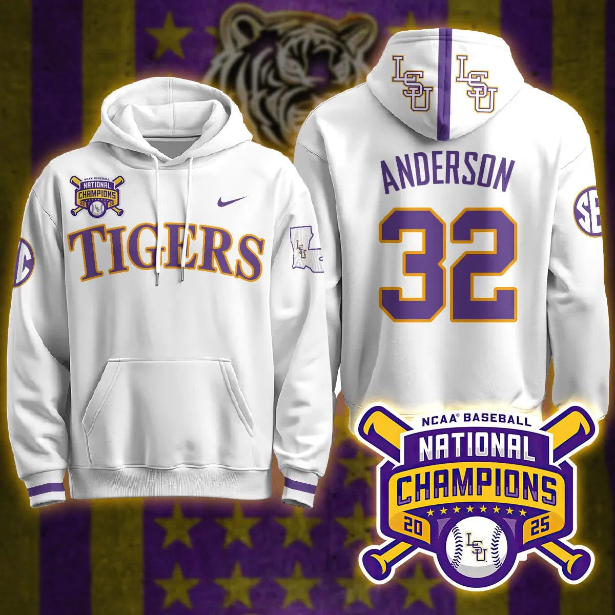 Personalized LSU 2026 World Series Champions Limited Hoodie - Stitched - White / Kade Anderson Stitched
