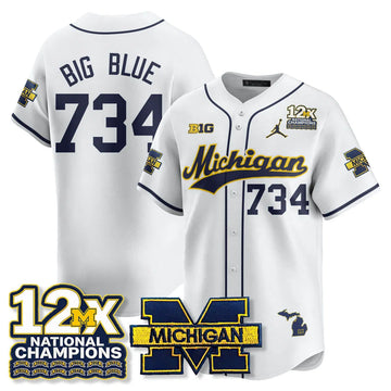 Personalized MICH 12x-Time National Champions Baseball Limited Jersey - Stitched - White / Big Blue - 734 Stitched